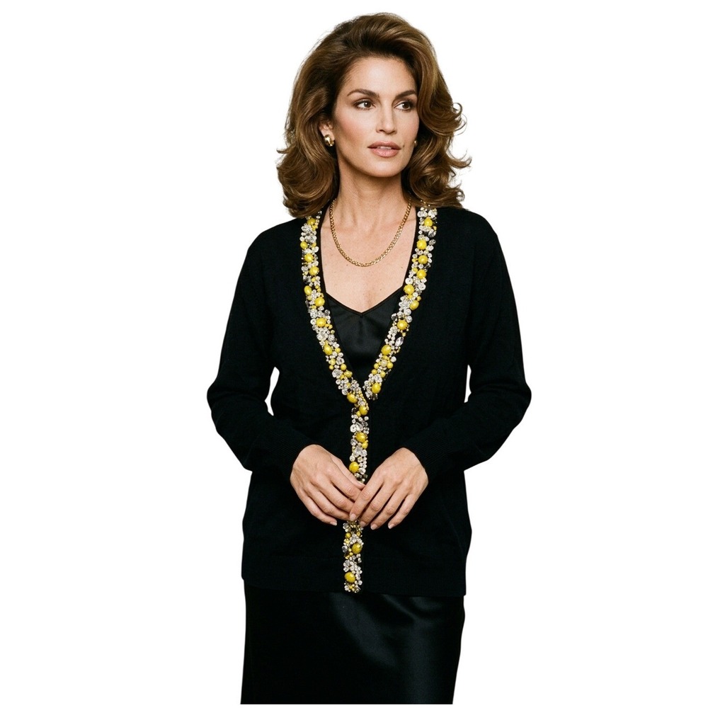 Vintage Michael Simon Black Cardigan M Yellow Silver Beaded Embellished V-Neck